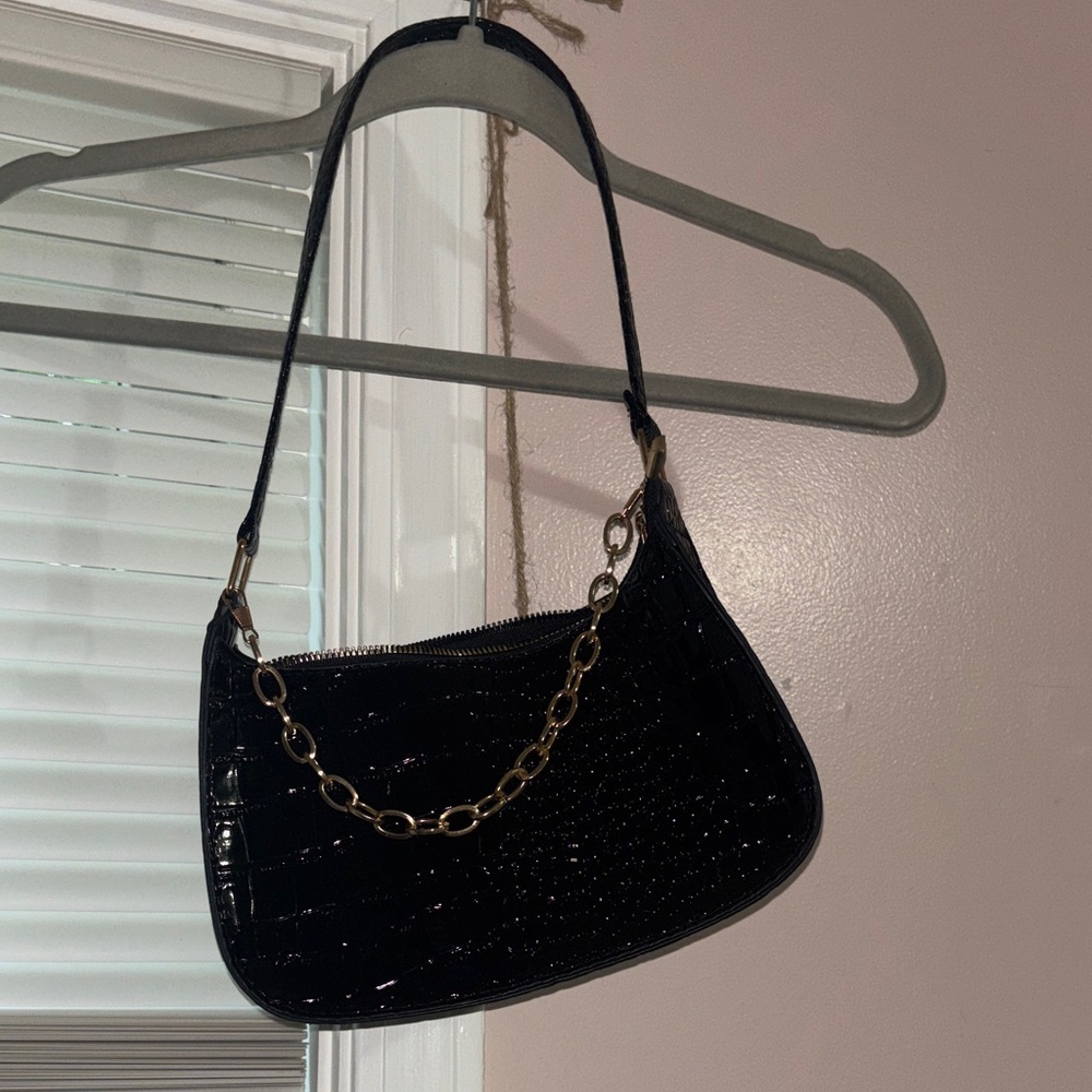 Black Patent Shoulder Bag with Gold Chain Accent